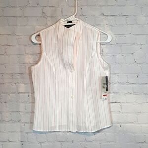 Jones New York Woman's  White & Pink  100%Cotton  Stripped Sleeveless To…‎